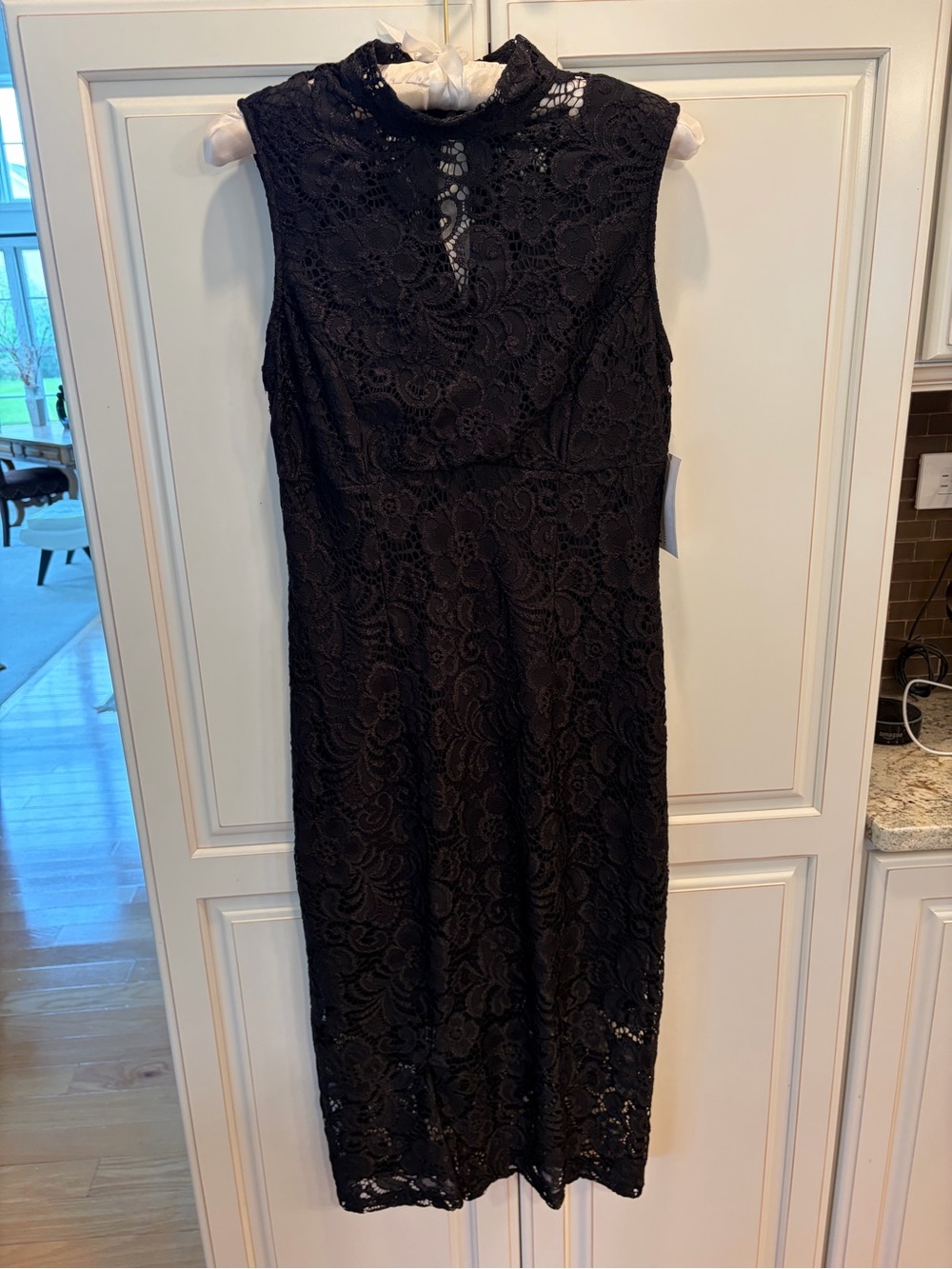 Enfocus Studio Black Sleeveless Lace Midi Dress with Mock Collar